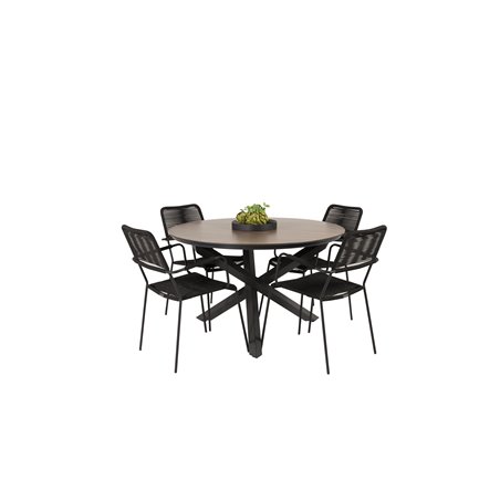 Llama Round Dining Table 120 - Black Alu/Brown HPL, Lindos Armchair - Black Alu/Black Rope
