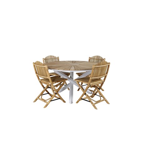 Mexico Table ø 140 - White/Teak, Cane Foldable dining Chair - Bamboo / Grey Cushion_4