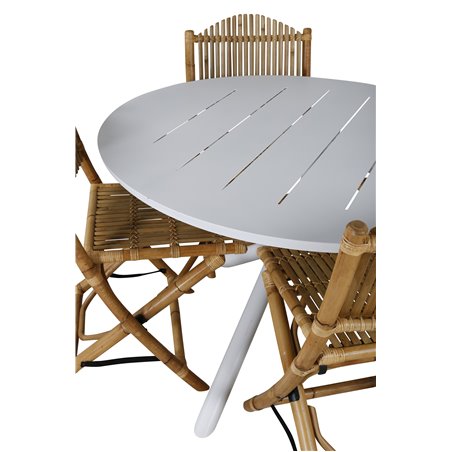 Alma Dining Table - White Alu - ø120cm, Cane Foldable Dining Chair - Bamboo / Grey Cushion