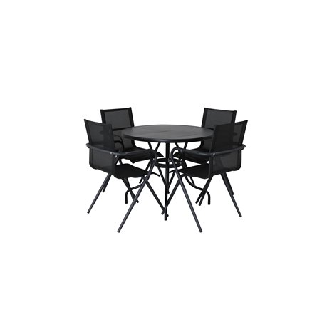 Nicke Dining Table - Black Steel - ø90cm, Alina Dining Chair - Black Alu / Black Textilene