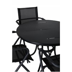 Nicke Dining Table - Black Steel - ø90cm, Alina Dining Chair - Black Alu / Black Textilene