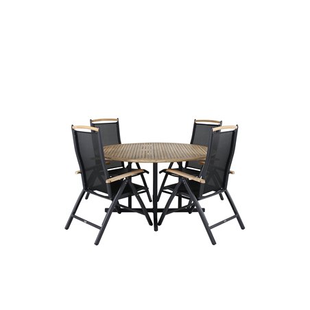 Cruz Dining table - Black Steel / Acacia (teak look) ø140cm, Panama 5:pos Chair - Black/Black_4