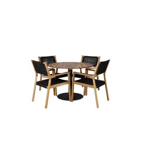 Cot Dining Table - Black Steel / Acacia (teaklook) - ø100cm+ Little John Dining Chair - Black Rope / Acacia