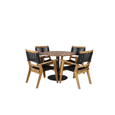 Cot Dining Table - Black Steel / Acacia (teaklook) - ø100cm+ Peter Stackable Dining Chair - Black Rope / Acacia KD_4