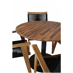 Cot Dining Table - Black steel / Acacia (teaklook) - ø100cm+Peter Stackable Dining Chair - Black Rope / Acacia KD_4