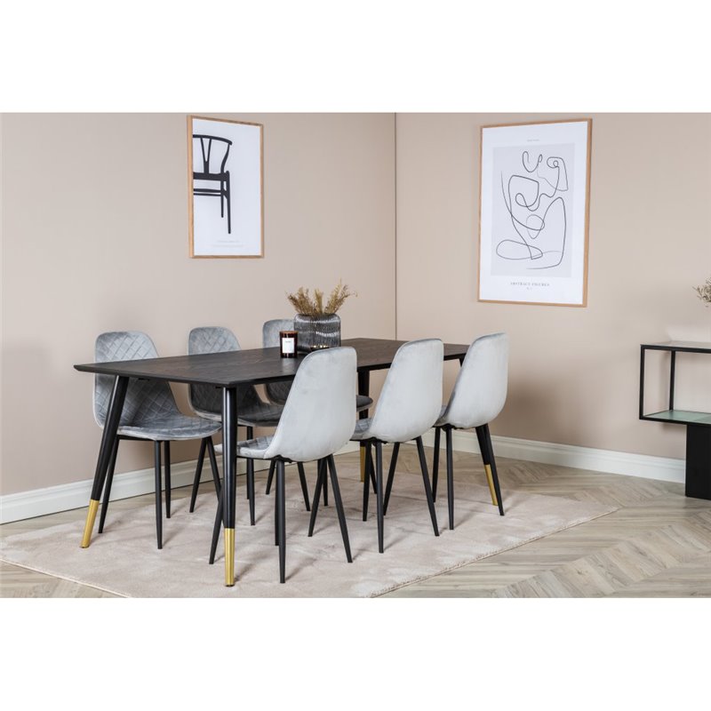 Dipp Dining Table - 180*90cm - Black / Black Brass, Polar Diamond Dining Chair - Black Legs - Grey Velvet_6