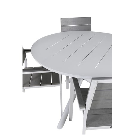 Alma Spisebord - Hvid Alu - ø120cm, Levels Chair (stabelbar) - Hvid Alu / Grå Aintwood_4