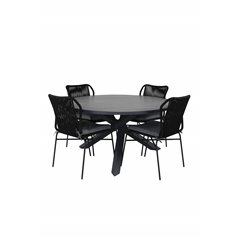 Parma - Table ø 140 - Black Alu/Grey Aintwood, Julian Dining Chair - Black Steel / Black Rope 4 4 4