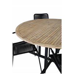 Cruz matbord - svart stål / akacia (teak look) Ø140cm + Lindos fåtölj - svart Aluminium / svart rep_4