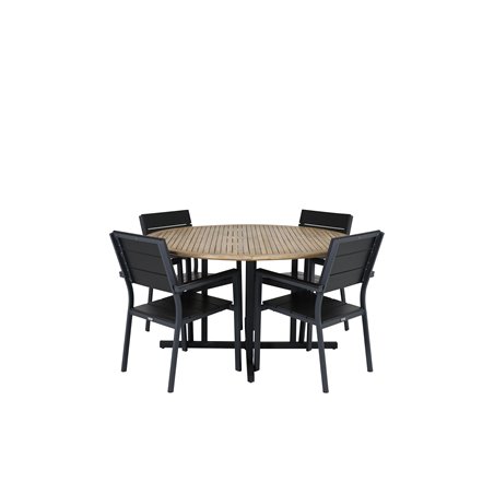 Cruz Dining table - Black Steel / Acacia (teak look) ø140cm, Levels Chair (stackable) - Black Alu / Black Aintwood_4