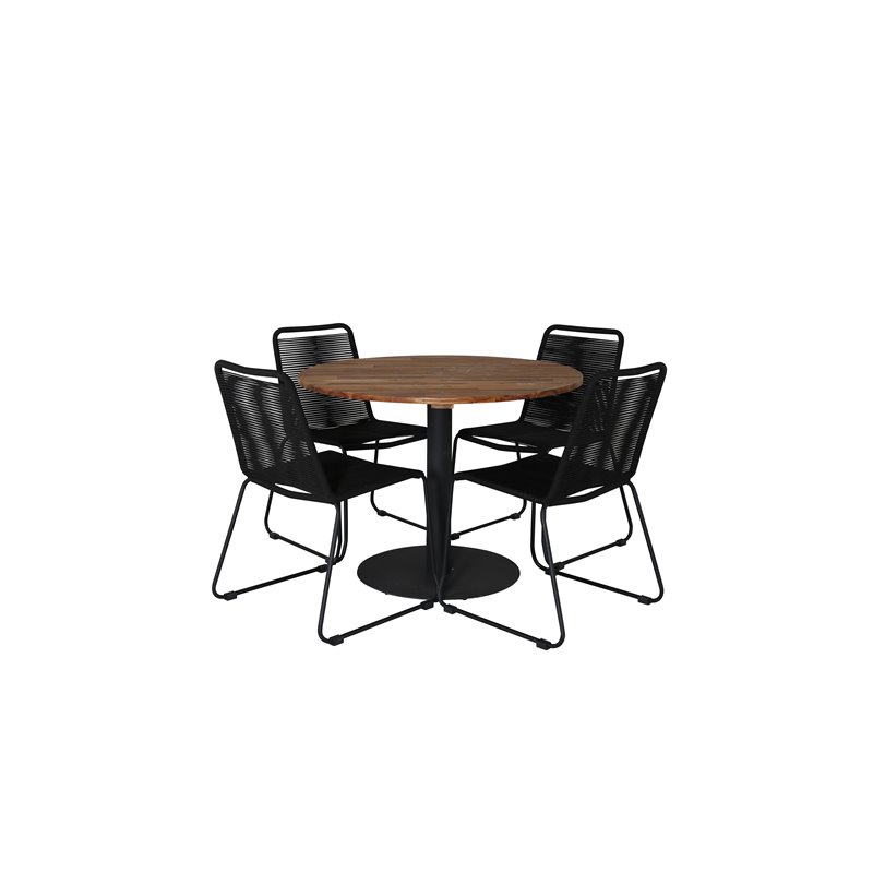 Cot Dining Table - Black Steel / Acacia Ö100cm+Lindos Stacking Chair - Black Alu/Black Rope