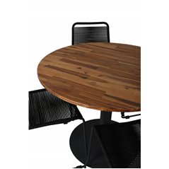 Cot Dining Table - Black steel / Acacia (teaklook) - ø100cm+Lindos Stacking Chair - Black Alu / Black Rope_4