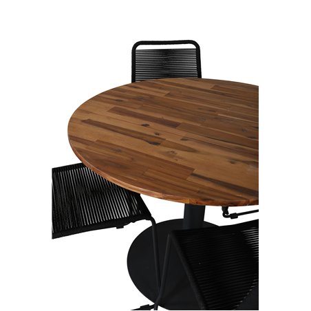 Cot Dining Table - Black Steel / Acacia Ö100cm+Lindos Stacking Chair - Black Alu/Black Rope