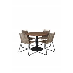 Cot Dining Table - Black Steel / Acacia Ö100cm+Lindos Stacking Chair - Black Alu / Latte Rope