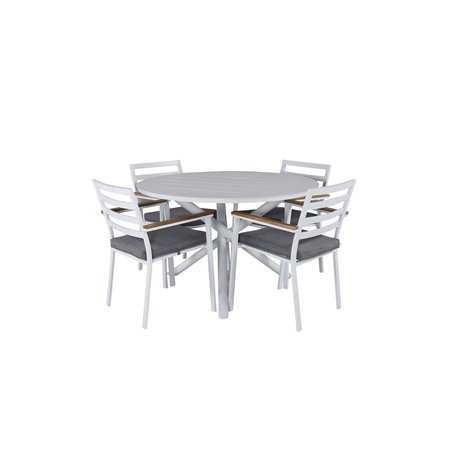 Alma Dining Table - White Alu - ø120cm, Brasilia Karmstol (stapelbar) - Vit Alu / Teak_4