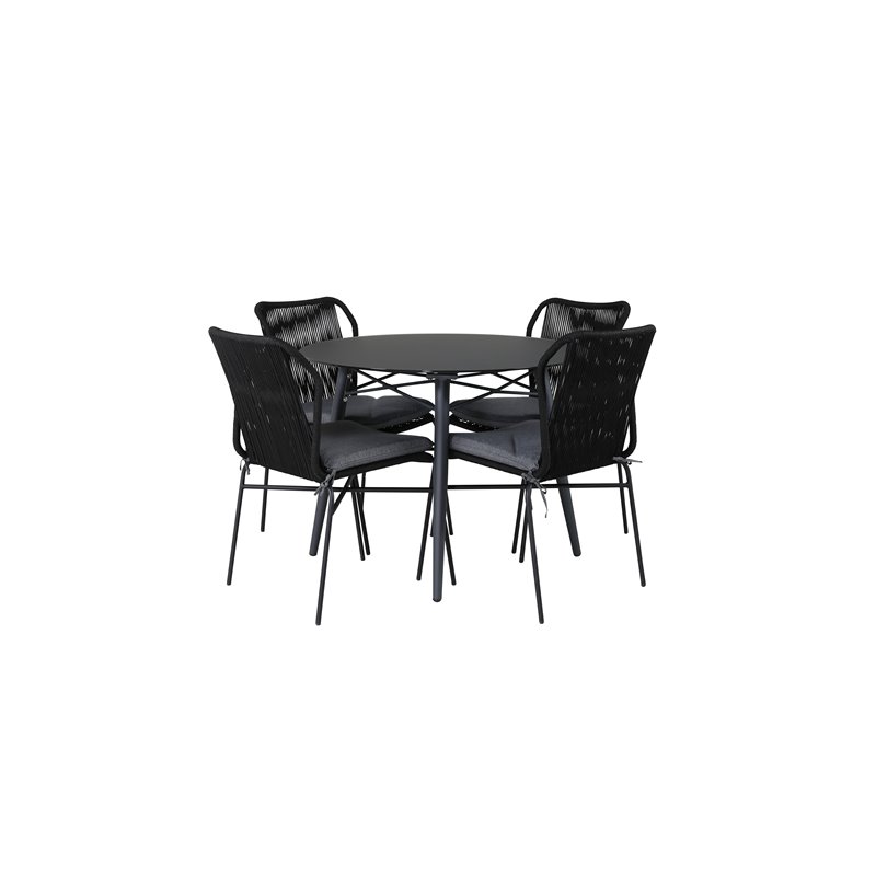 SanTorini Matbord ø 100 - musta alu / harmaa lasi, Julian Dining Chair - Black Steel / Black Rope 4 4 4