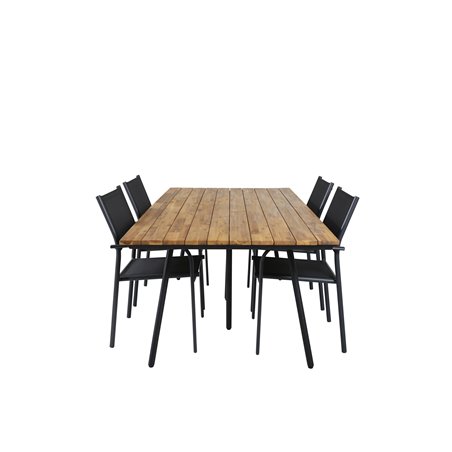 Chan matbord - svart stål / akacia (teak look) - 200cm + santorini armstol (stapelbar) - svart Aluminium / svart textilene_4