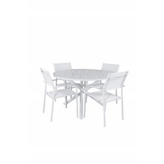 Alma Dining Table - White Alu - ø120cm, Santorini Arm Chair (Stackable)  - White Alu / White Textilene_4