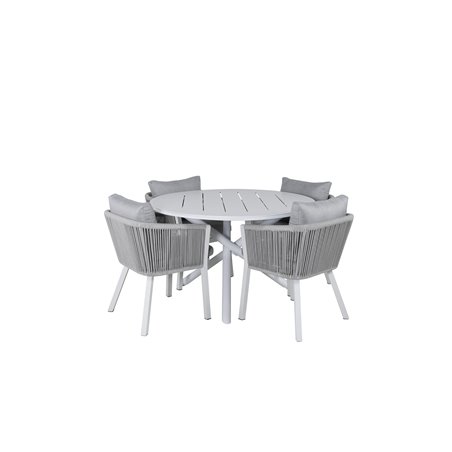 Alma Dining Table - White Alu - ø120cm, Virya Dining Chair - White Alu / Grey Cushion