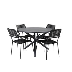 Alma Dining Table - Black Alu - ø120cm, Lindos Armchair - Black Alu / Black Rope