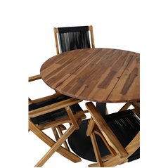 Barnsäng matbord - Svart stål / Acacia (Teaklook) - Ø100cm + Peter vikbar stol - Rep / Acacia_4