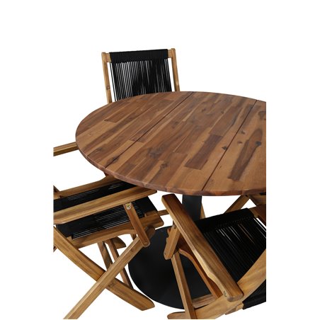 Barnsäng matbord - Svart stål / Acacia (Teaklook) - Ø100cm + Peter vikbar stol - Rep / Acacia_4