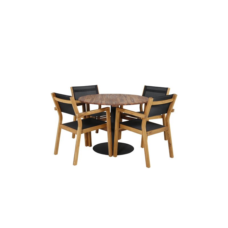 Cot Dining Table - Black Steel / Acacia (teaklook) - ø100cm + Venice Stackingchair Teak/Black Textilene