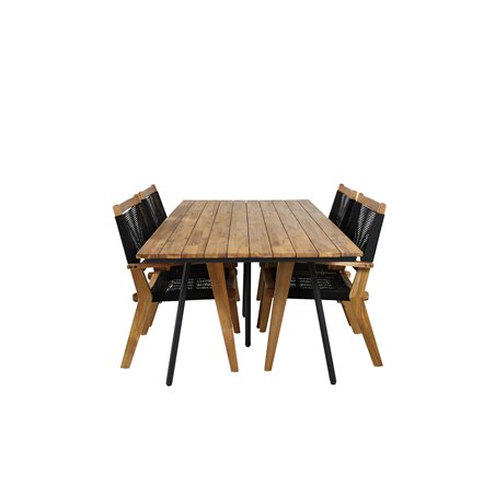 Chan Dining Table - Black Steel / Acacia (teak look) - 200cm+Peter Stackable Dining Chair - Black Rope / Acacia KD_4