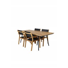 Chan matbord - svart stål / akacia (teak look) - 200cm + Venedig staplingstol - teak / svart textilene_4