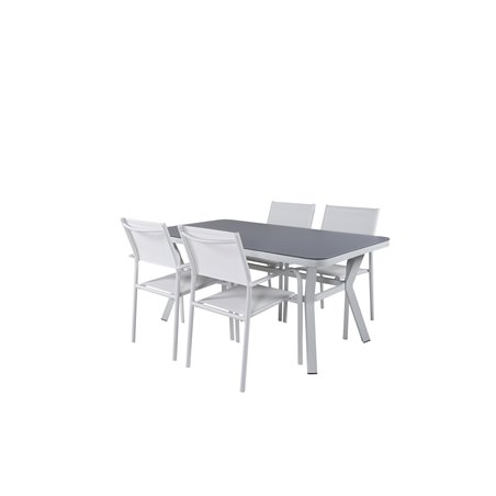 Virya matbord - vit Aluminium / grå glas - litet bord + santorini armstol (stapelbar) - vit Aluminium / vit textilene_4