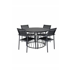 Tropea Dining Table - Black Steel / Grey Spray Glass SanTorini Arm Chair Black Alu/Black Textilene (käytetty)