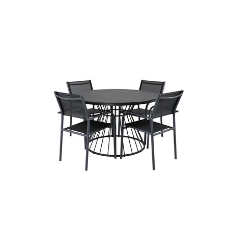 Tropea Dining Table - Black Steel / Grey Spray Glass, Santorini Arm Chair (Stackable) - Black alu / Black Textilene_4