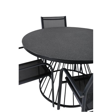 Tropea Dining Table - Black Steel / Grey Spray Glass SanTorini Arm Chair Black Alu/Black Textilene (käytetty)