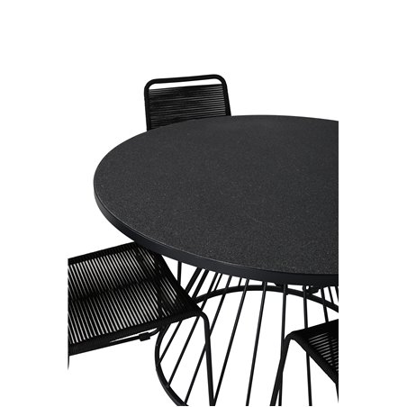 Tropea Dining Table - Black Steel / Grey Spray Glass, Lindos Stacking Chair - Black Alu / Black Rope