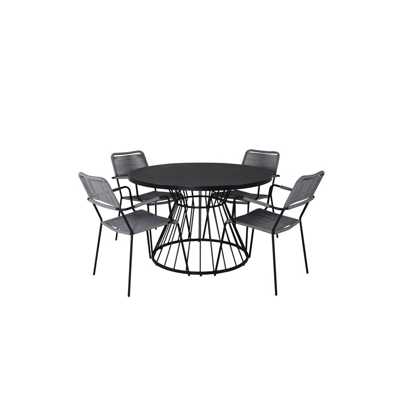 Tropea Dining Table - Black Steel / Grey Spray Glass, Lindos Armchair - Black Alu / Grey Rope