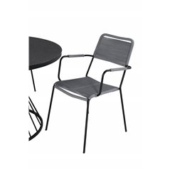 Tropea Dining Table - Black Steel / Grey Spray Glass, Lindos Armchair - Black Alu / Grey Rope