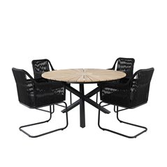 Mexico Table ø 140 - Black/Teak, Lindos Karmstol med svikt Svart stål / Svart rep_4