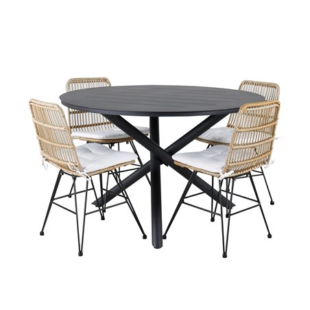 Alma Dining Table - Black Alu - ø120cm, Viga Päivällinen - Black Steel / Light Nature Wicker/White Cushion