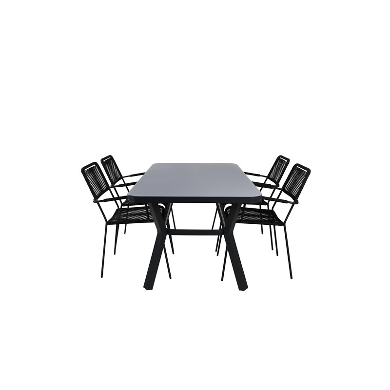 Virya matbord - svart Aluminium / grått glas - litet bord + lindos fåtölj - svart Aluminium / svart rep_4