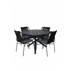 Alma Dining Table - Black Alu - ø120cm, Julian Dining Chair - Black Steel / Black Rope 4 4 4