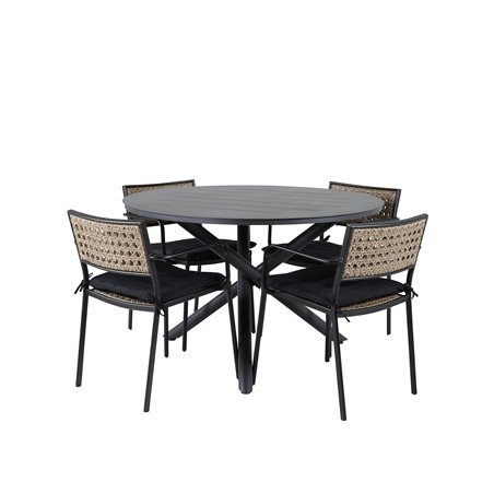 Alma Dining Table - Black Alu - ø120cm, Paola Dining Chair - Black Steel / Nature Wicker / Black Cushion_4