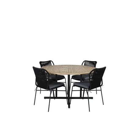 Cruz Dining - Black Steel / Acacia (teak look) ø140cm, Julian Dining Chair - Black Steel / Black Rope 4 4 4