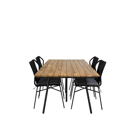 Chan matbord - svart stål / akacia (teak look) - 200cm + julian matsal stol - svart stål / svart rep (stapelbar) _4