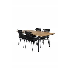 Chan matbord - svart stål / akacia (teak look) - 200cm + julian matsal stol - svart stål / svart rep (stapelbar) _4