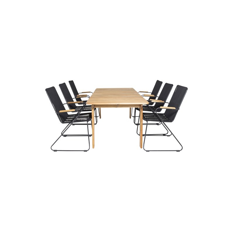 Marion Dining Table - 180*90*H74 - Acacia, Bois Armchair - Black Alu / Black Rope