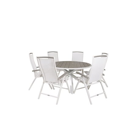 Parma Table ø 140 - White/Grey, Albany 5:pos Stol - Vit Aluminium/vit textilene/aintwood_6