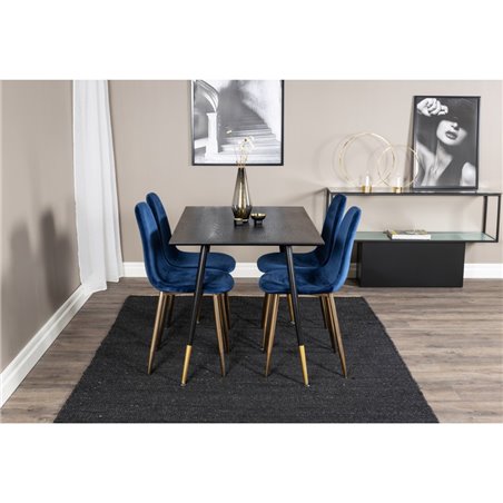 Dipp Dining Table - 120 cm - Black Veneer - Black Legs w, Brass dipp, Polar Dining Chair - Blue / Brass_4