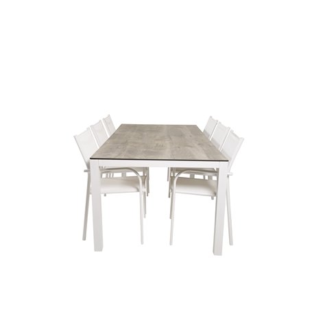 Llama Dining Table 205*100 - White Alu / Grey HPL, Santorini Arm Chair (Stackable) - White Alu / White Textilene_6