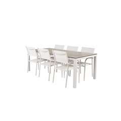 Llama Dining Table 205*100 - White Alu / Grey HPL, Santorini Arm Chair (Stackable) - White Alu / White Textilene_6