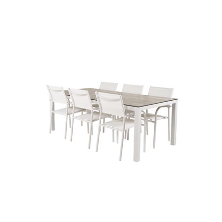 Llama Dining Table 205*100 - White Alu / Harmaa HPL SanTorini Arm Chair (Valkoinen alu/valkoinen tekstiili)